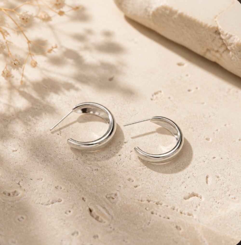 Chunky Silver C-Shape Hoop Earrings — Dome Tube Open Huggies